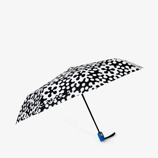 Dusen Dusen Atom Umbrella with bold black and white graphic pattern pop of yellow on top and blue handle