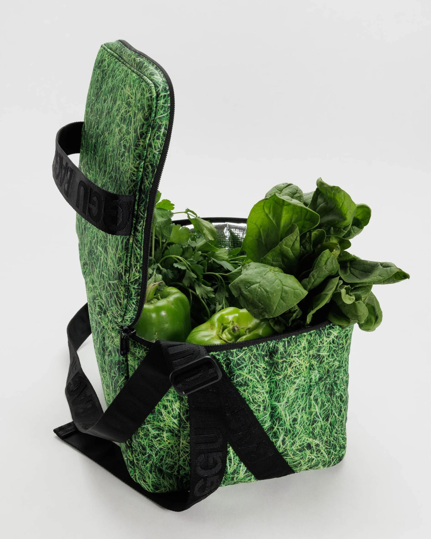 Grass Pattern Puffy Insulated Cooler Bag with Black Strap with De-bossed "BAGGU" Text
