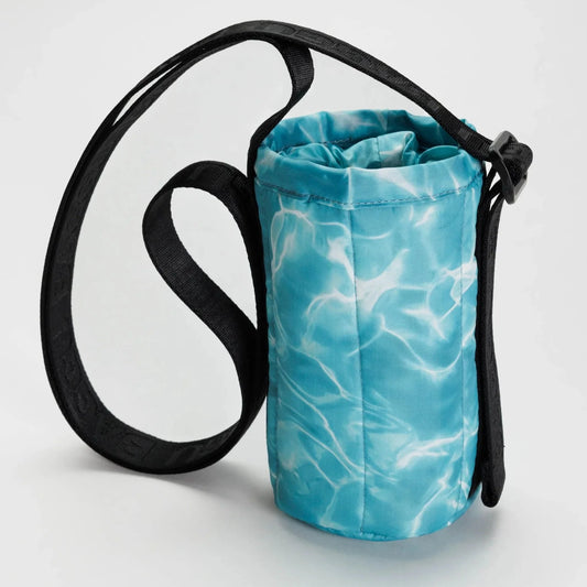 Puffy Water Bottle Sling with Pool Water Graphic Pattern with Adjustable Black Crossbody Strap with De-bossed "BAGGU" Text 