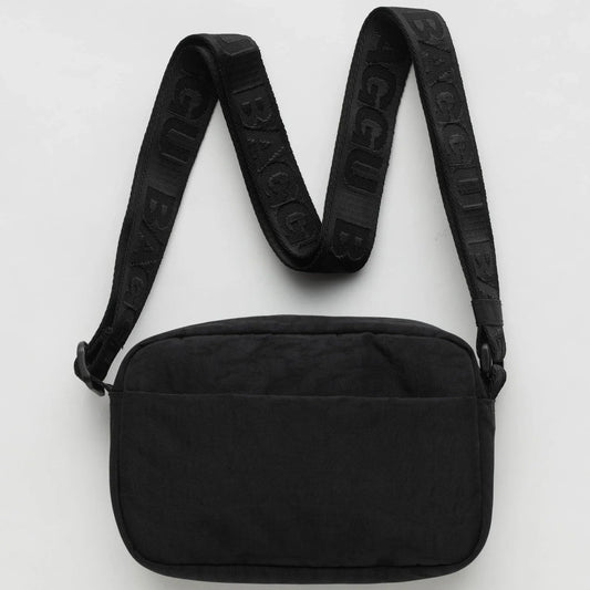 Black Nylon Camera Bag with De-bossed "BAGGU" Text on Strap