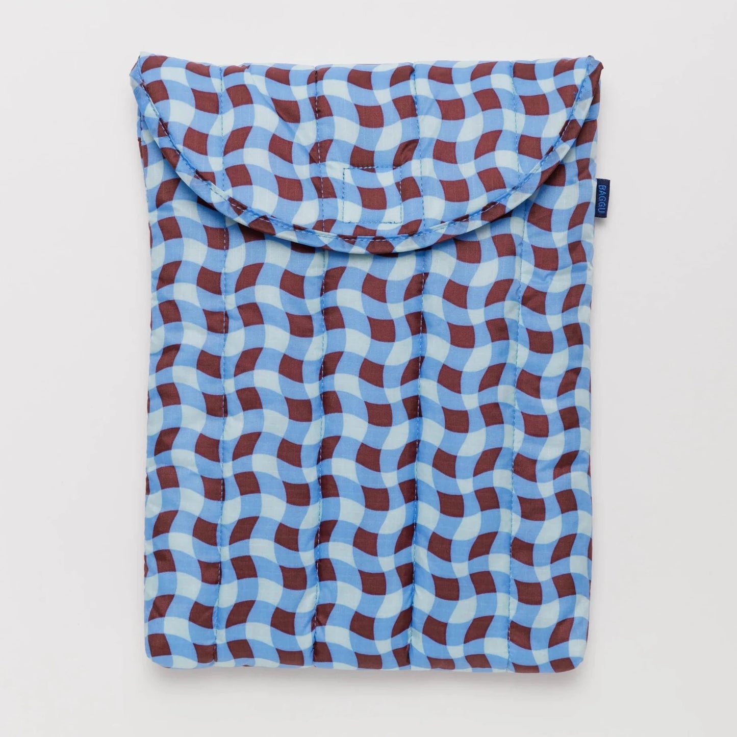 Puffy Quilted Laptop Sleeve with Wavy Gingham Blue, white, and red brown Pattern
