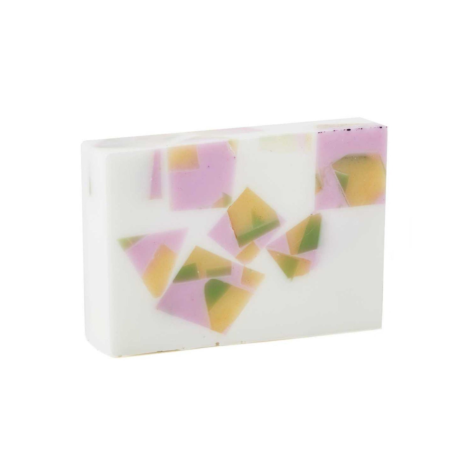 White rectangle soap bar with overlapping blocks of colour in lilac, yellow, and green