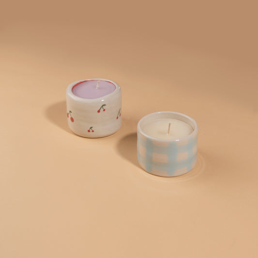 MC Ceramics candle with blue gingham pattern available at Easy Tiger Toronto