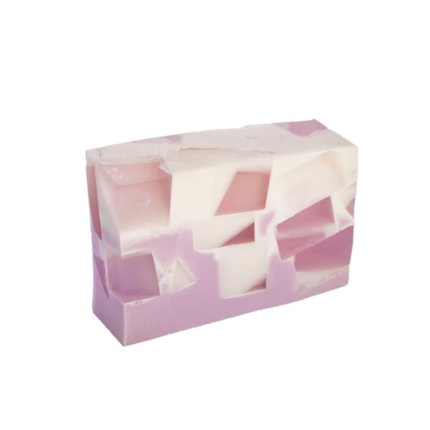 marbled white and lilac rectangle soap bar with various chunks of purple and blush squares of colour embedded 