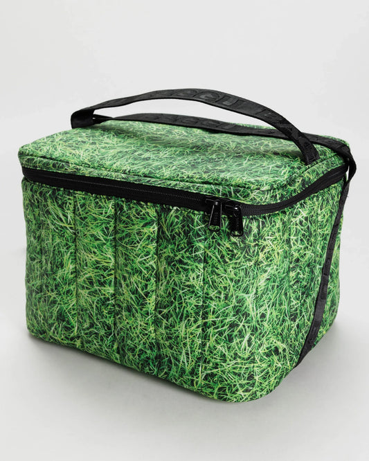 Grass Pattern Puffy Insulated Cooler Bag with Black Strap with De-bossed "BAGGU" Text