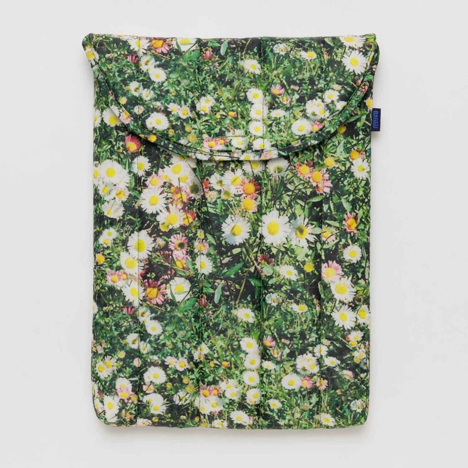 Puffy Quilted Laptop Sleeve with Green and White Wild Daisy Field Pattern