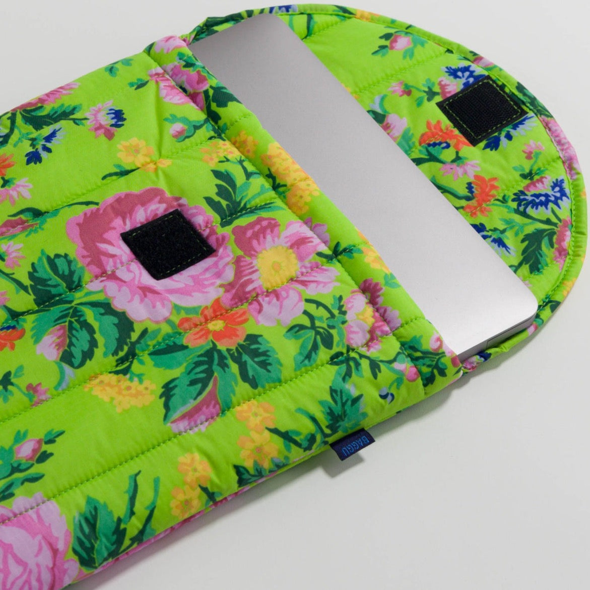 Lime Green Puffy Laptop Sleeve with Pink Floral Graphic Pattern and Velcro Closure
