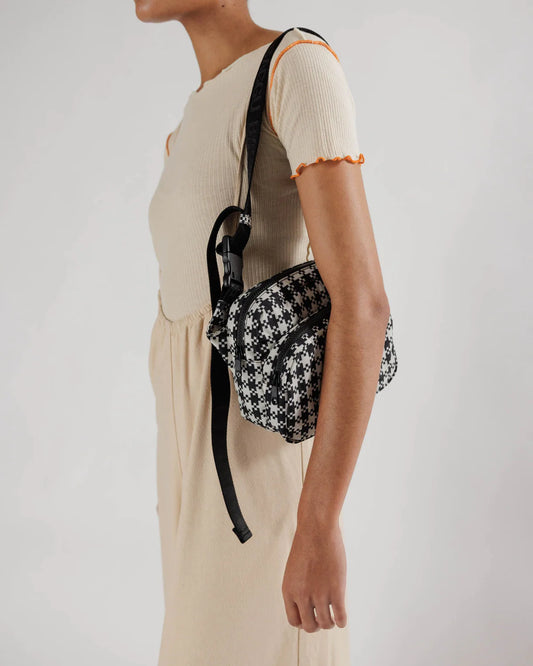 Black and White Pixel Gingham Pattern Fanny Pack with Black De-bossed Strap with "BAGGU" Text