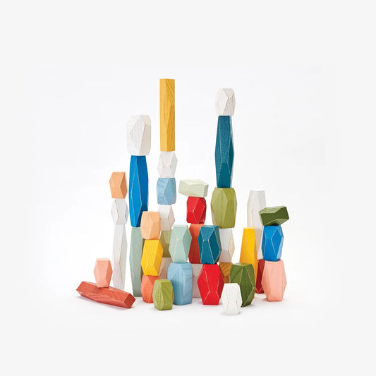 Colourful wooden blocks in various shapes and to stack balance and play with