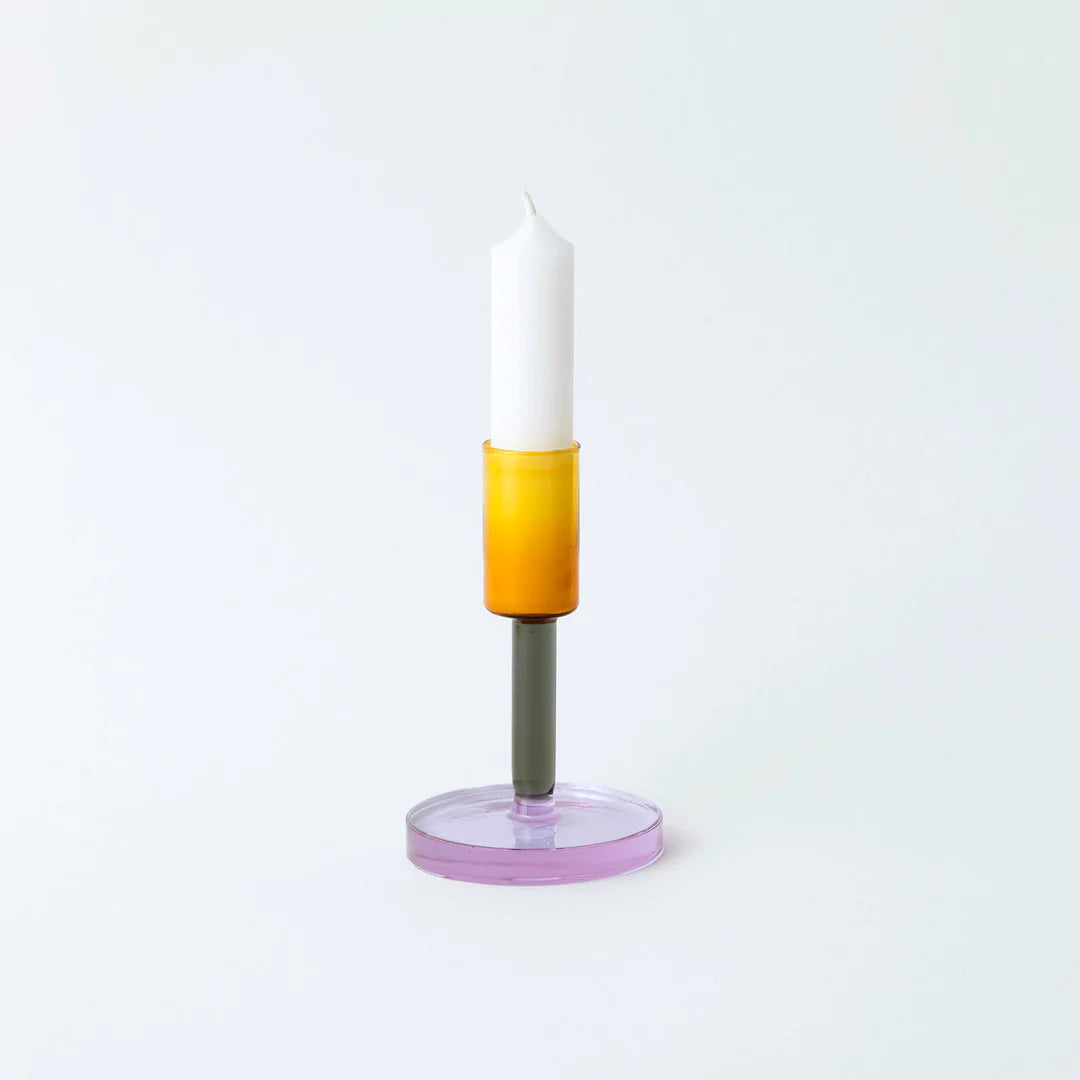 Medium Glass Candlestick Holder – Grey / Orange