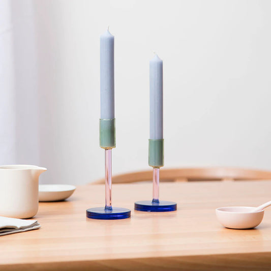 Medium Glass Candlestick Holder – Pink / Green