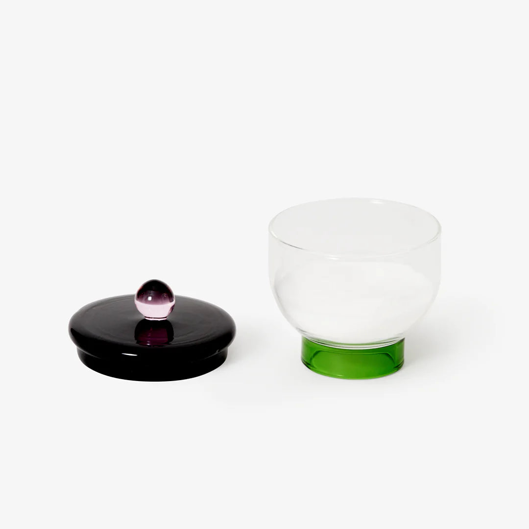Areaware glass Salt Bowl with green base, clear body, and black and pink lid 