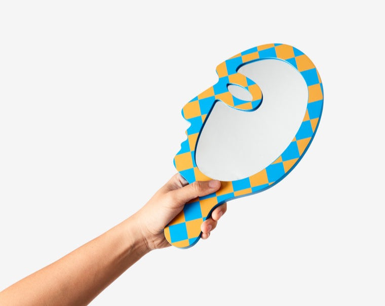 Areaware profile vanity hand mirror in blue and yellow checkered pattern