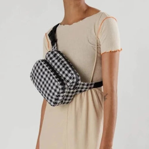 Black and White Pixel Gingham Pattern Fanny Pack with Black De-bossed Strap with "BAGGU" Text